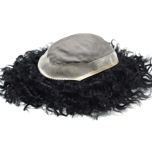 Vista 7 de Afro Curl Black Mens Toupee Afro Americano Unidades de Cabello para Hombres Negros Kinky Rizado Fino Mono Brasileño Cabello Humano Pelucas Hombres