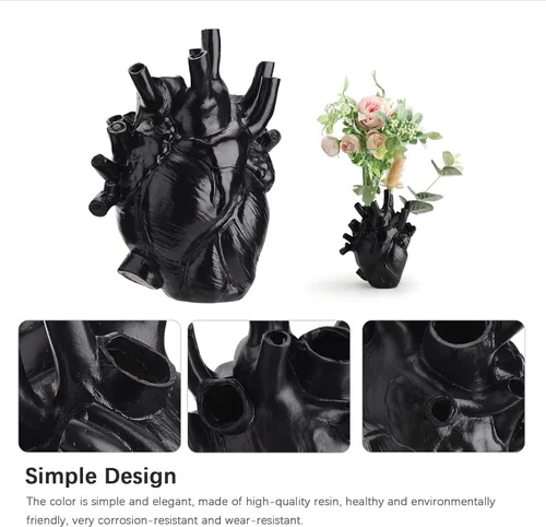Vista 7 de MANMAOHE - Florero anatómico negro con forma de corazón para flores, esculturas de corazón, decoración del hogar, 4.3 x 6 pulgadas