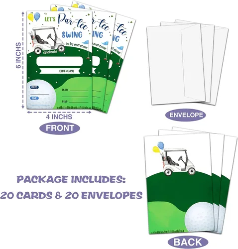 Vista 2 de Invitación de fiesta de cumpleaños temática de golf, invitaciones de relleno Let's Par-Tee para hombre y mujer, 20 invitaciones con sobres