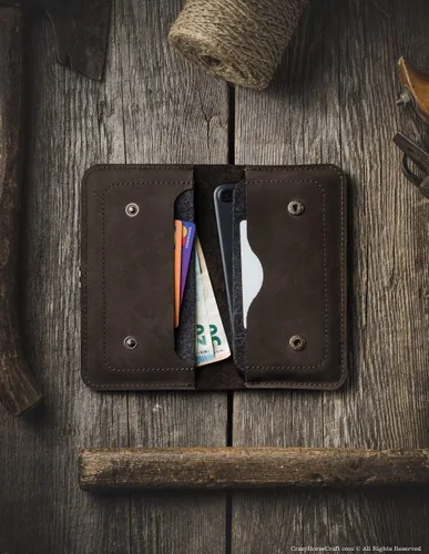 Vista 7 de Funda de cuero para 2 teléfonos, iPhone 15 Pro Max / 15 Plus, 14/13 / 12, 13/12 Mini, billetera doble, marrón madera, bolsa para teléfono móvil