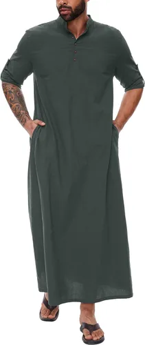 Vista 8 de YAOHUOLE Kaftan para hombre - Batas árabes islámicas con botones Blanco