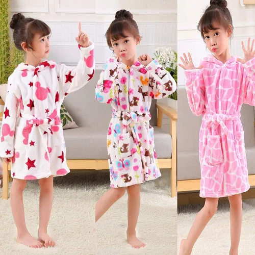 Vista 3 de Batas de baño con capucha para niñas, forro polar coral suave con estampado de animales para niños