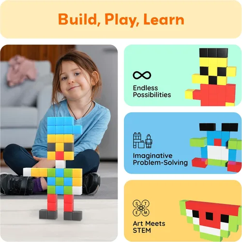 Vista 4 de PicassoTiles Juego de Construcción de Cubos de Rompecabezas Magnéticos de 60 Piezas, Bloques 3D de 1 Pulgada, Juguete de Construcción STEM
