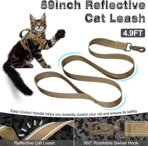 Vista 6 de Arnés táctico para gato y correa para caminar a prueba de esacpe, chaleco grande de malla suave ajustable para gatos con mango de goma fácil