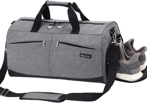 Vista 9 de Kuston Bolsa de gimnasio deportiva con compartimento para zapatos y bolsillo húmedo, bolsa de lona para gimnasio para hombres y mujeres, Gris