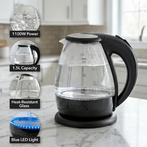 Vista 2 de OVENTE Hervidor eléctrico de vidrio de 1.5 L con luz LED azul, calentador de agua de encimera iluminado de 1100 W y caldera para café o té, apagado