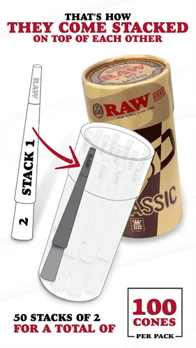 Vista 2 de RAW Cones Classic King Size – Paquete de 100 – Papel preenrollado de combustión lenta con puntas y tubos de embalaje incluidos