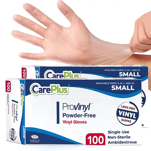 Vista 22 de CARE PLUS Pro - Guantes de vinilo transparentes de tamaño pequeño, 100 unidades Sin látex, sin polvo, resistentes, no estériles, Guantes
