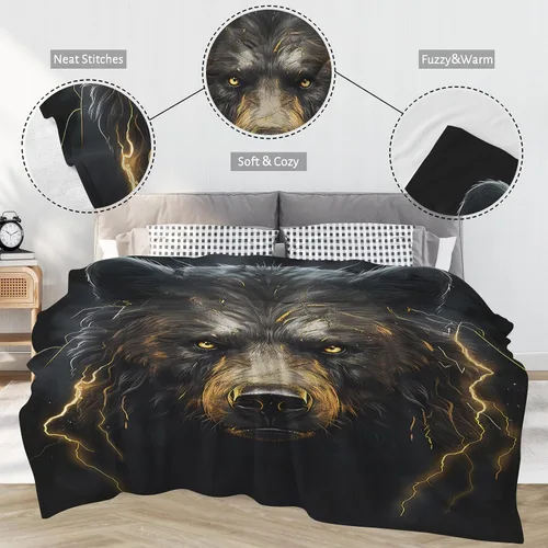 Vista 3 de Huke Manta de regalo de oso, manta de oso rayo de fuego negro y dorado, regalos de oso para adultos/niños/estudiantes, manta con estampado
