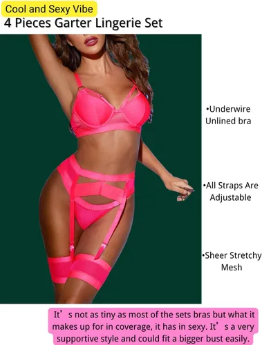 Vista 53 de Kaei&Shi - Lencería con liguero para mujer, conjunto de encaje traslúcido y sexy de 4 piezas combinadas