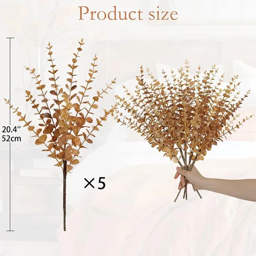 Vista 4 de GnFlus 5 tallos artificiales de eucalipto de otoño, hojas de eucalipto, ramas de hojas de otoño, decoraciones de otoño con hojas de otoño de espuma