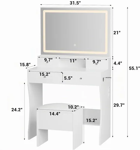 Vista 6 de Escritorio de maquillaje con espejo y luces, juego de mesa de tocador con 4 cajones de almacenamiento y estantes para espacios pequeños, tocador