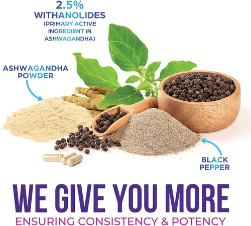 Vista 6 de Ashwagandha Supplements - La mejor cápsula de raíz y polvo de Ashwagandha con pimienta negra para una máxima absorción, calma y descanso