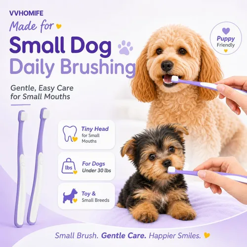 Vista 7 de Cepillo de dientes para perros pequeños – Mini cabezal de cepillo de 0.39 pulgadas, mango curvo, cerdas suaves, parte trasera de goma doble, kit