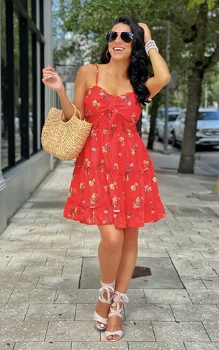 Vista 7 de ECOWISH - Minivestido holgado de mujer, con tirantes florales de espagueti, con nudo frontal anudado, plisado