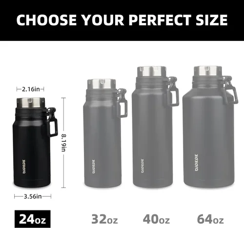 Vista 5 de BJPKPK Botella de agua aislada de 24 onzas con asa, sin BPA, botella térmica de viaje de acero inoxidable reutilizable, botella de agua grande, Negro