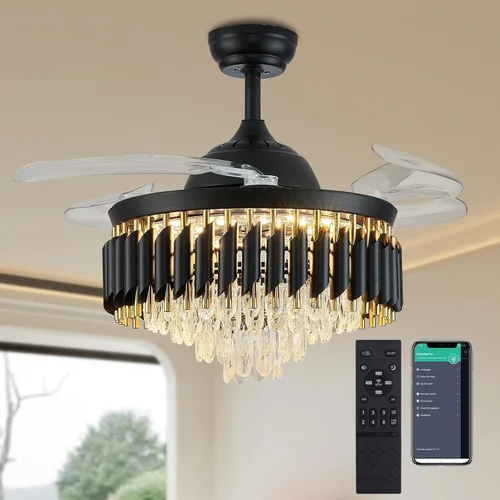 Vista 7 de Ventilador de techo regulable de cristal de 36 pulgadas con luces y control remoto, moderno ventilador de techo retráctil con luces para dormitorio