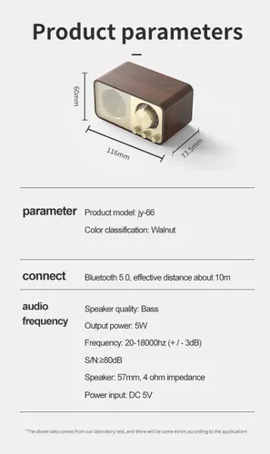 Vista 12 de Altavoz Bluetooth de madera retro, radio recargable de 1500 mAh con antena FM integrada, dial giratorio de sintonización FM, control de graves