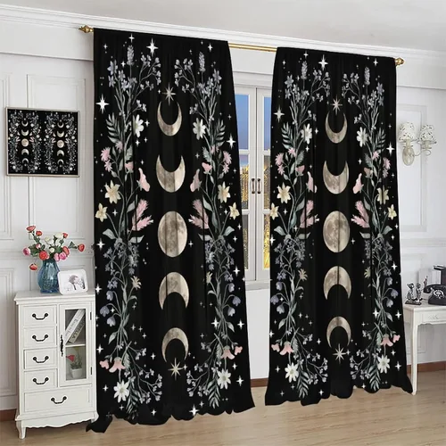 Vista 4 de Cortinas Florales de Luna Flores Silvestres Fase Jardín Iluminado por la Luna Estética Boho Primavera Naturaleza Juego de Tratamiento de Ventana