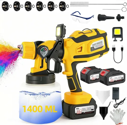 Vista 9 de Pulverizador de pintura inalámbrico, pistola de pulverización eléctrica con 2 baterías de 4000 mAh 21 V, 6 boquillas y perilla de ancho
