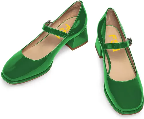 Vista 4 de FSJ Zapatos de vestir clásicos Mary Jane para mujer, con puntera cerrada, tacón bajo de bloque grueso, cuero brillante, cómodos, sin cordones