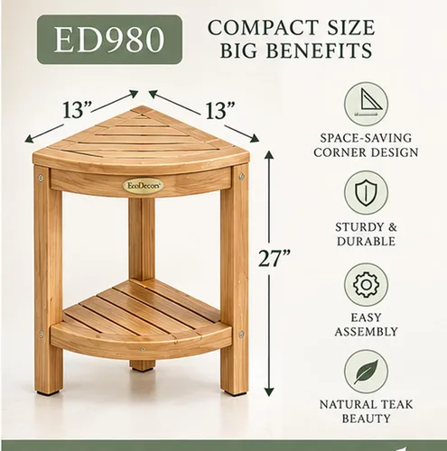 Vista 9 de Esquinero earthyteak ™. Totalmente montado. Esquinero de 2 niveles, de teca compacta. Banco de pie para ducha con estante. Almacenamiento