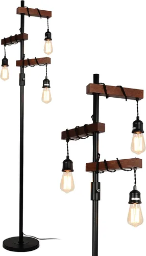 Vista 10 de Lámpara de pie industrial regulable, lámpara de pie de árbol de granja, lámpara de pie de madera de 68 pulgadas, 3 luces, base resistente, luz