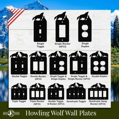 Vista 3 de Interruptor de luz de palanca Howling Wolves y placa de pared dúplex individual (palanca individual con potencia, negro) - Fabricado en Estados