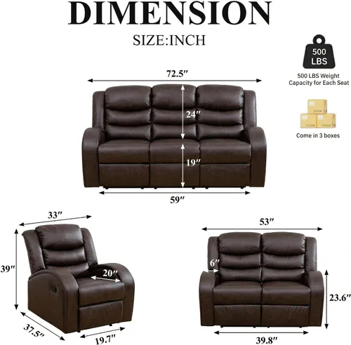 Vista 2 de Juego de sofá reclinable de 3 piezas, juego de muebles de sala de estar, sofá reclinable seccional de cuero, sofá reclinable manual, cómodo asiento