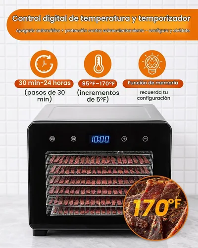 Vista 4 de Máquina deshidratadora de alimentos, secadora de acero inoxidable de 720 W con 8 bandejas con puerta de ventana transparente, control digital