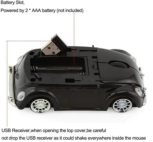 Vista 9 de VW Beetle Wireless Sports Car Shape Mouse Mouse Computadora Portátil PC Ratón óptico 2.4GHz Nano USB AAA Batería Energía Brillante Superficie LED