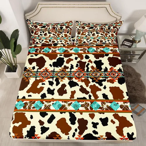 Vista 16 de Juego de ropa de cama de estilo bohemio occidental, tamaño individual, diseño de vaca atrapasueños, sábana bajera ajustable del suroeste, tribu