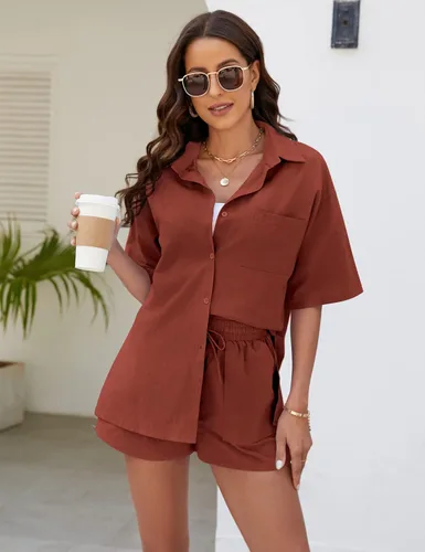 Vista 3 de PEHMEA Conjunto de 2 piezas para mujer, de algodón, lino, con botones, camisa y pantalones cortos de cintura alta