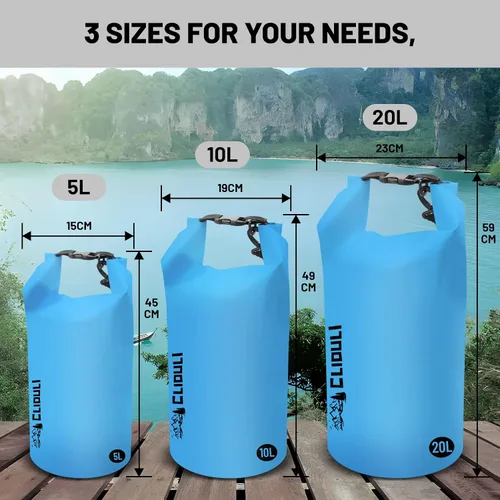 Vista 6 de Bolso impermeable y flotante de Cliduli, mochila impermeable enrollable azul pequeña de 2L/5L/10L/20L/30L/40L, bolsas flotantes ligeras para kayak