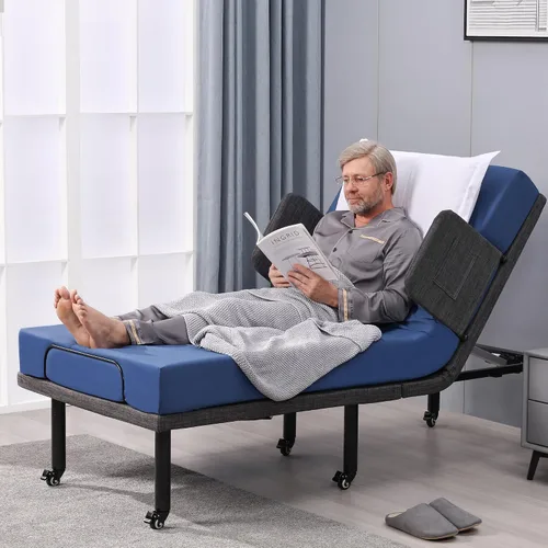 Vista 9 de ESHINE - Marco de cama ajustable con control remoto inalámbrico, inclinación de cabeza y pie, patas ajustables con rueda, barandilla de cama, base