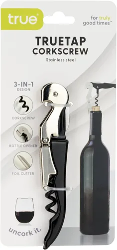 Vista 8 de True Truetap Sacacorchos de camarero de doble bisagra, abridor de botellas de vino de acero inoxidable con cortador de papel de aluminio Negro