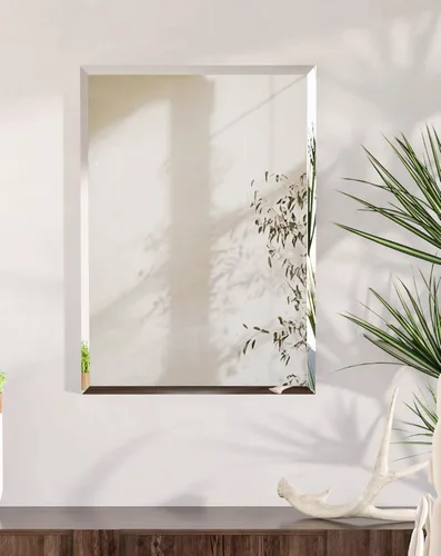 Vista 21 de Espejo de pared ovalado sin marco: Espejo decorativo elíptico de vidrio espejado para tocador con borde plateado biselado para baño, dormitorio