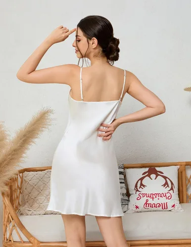 Vista 3 de THXSILK Camisón de seda para mujer, 100% real 19 Momme seda morera ropa de dormir cuello redondo tirantes espagueti camisón camisón