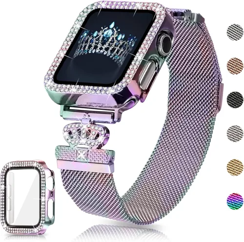 Vista 10 de Correa magnética compatible con Apple Watch 38mm 40mm 41mm 42mm 44mm 45mm 46mm, correa de metal de acero inoxidable con funda brillante y protector
