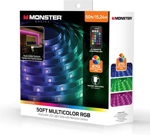 Vista 8 de Monster Tira de luz LED RGB de 50 pies con control remoto, 270 LED RGB, respaldo adhesivo, recubierto para protección contra la humedad, regulable