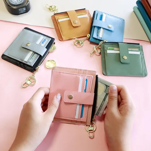 Vista 6 de Deziliao Funda delgada para tarjetas de crédito con bloqueo Rfid para mujer, cartera con cremallera, cartera pequeña y compacta de cuero