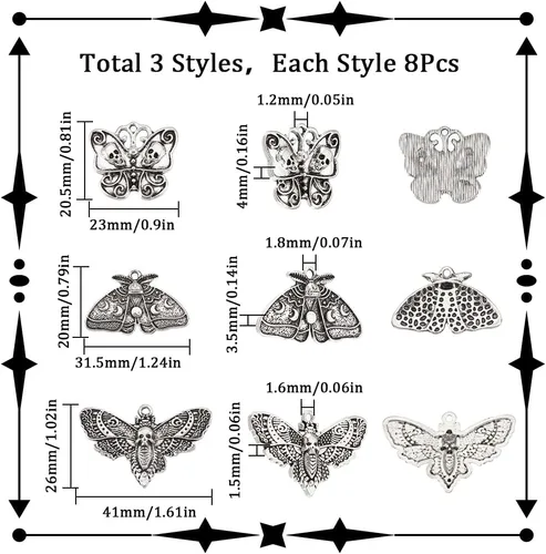 Vista 2 de SUNNYCLUE 1 caja de 24 dijes de polilla para Halloween, de plata antigua, estilo gótico, fases lunares, polilla, insecto, mariposa, esqueleto