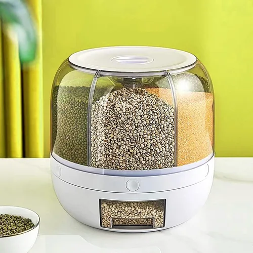 Vista 5 de Dispensador de cereales giratorio para encimera, recipientes de grano con 6 compartimentos, ideal para almacenamiento de lentejas, arroz, frijoles