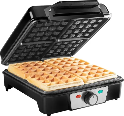 Vista 7 de CucinaPro Máquina para hacer gofres belgas de cuatro cuadrados, aparato de cocina extra grande de acero inoxidable con placas de hierro