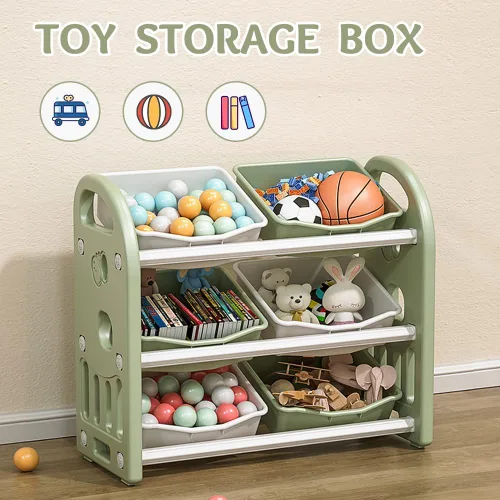 Vista 3 de Organizador de almacenamiento de juguetes para niños, estantes de 3 niveles, organizador de almacenamiento multifuncional para niños con 6 Verde