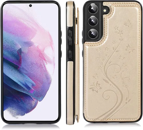 Vista 4 de Asuwish Funda para Samsung Galaxy S22 Plus/S22+ con protector de pantalla de vidrio templado, funda de cuero con soporte para tarjetas, doble cierre
