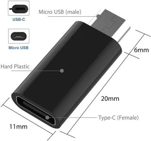 Vista 5 de Adaptador USB C hembra a micro USB macho (paquete de 2), adaptador micro USB a USB C, cargador rápido, cable de alimentación, extensor de tira