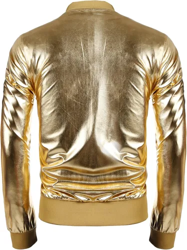 Vista 3 de COOFANDY Chaqueta metálica para hombre, diseño de los años 70, disco y fiesta de Navidad, chaqueta universitaria con cremallera
