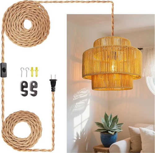 Vista 11 de Lámpara colgante con cable de enchufe con interruptor de encendido y apagado, luces colgantes de ratán, lámpara de techo bohemia, lámpara colgante
