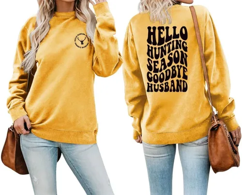Vista 39 de DUDIHOHX Hello Hunting Season Goodbye Husband - Sudadera de manga larga con estampado de moda, casual, cuello redondo